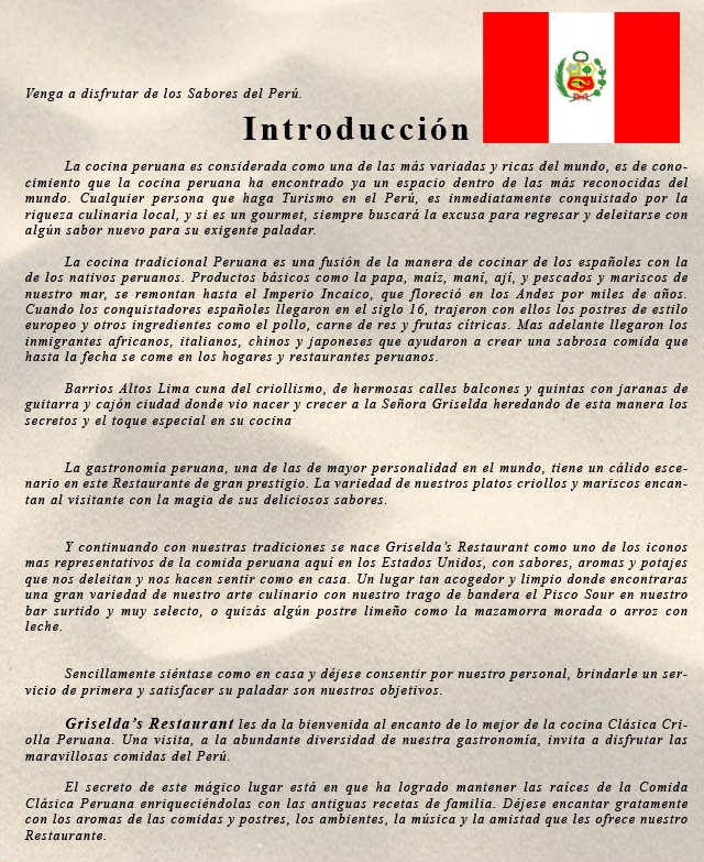 Original information sheet in Spanish for Griselda's Restaurant, featuring the Peruvian flag.